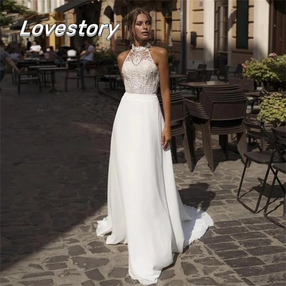 A Linha Vestidos De Casamento Chiffon, Cut-Out Apliques, Lace Robes Noiva, Halter Neck, Vestidos De Noiva Sem Costas, Vestido Sem Mangas