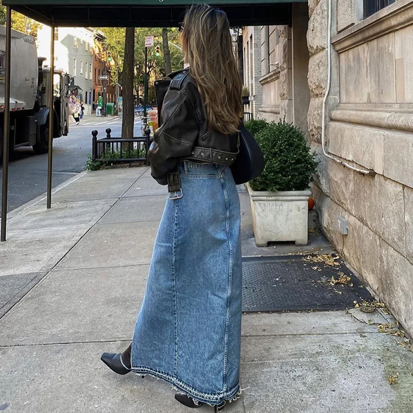 Women Clothes Solid Color Simple High Waist Skirt 2024 Summer Autumn New Girl Temperament Design Sense Fashion Denim Long Dress