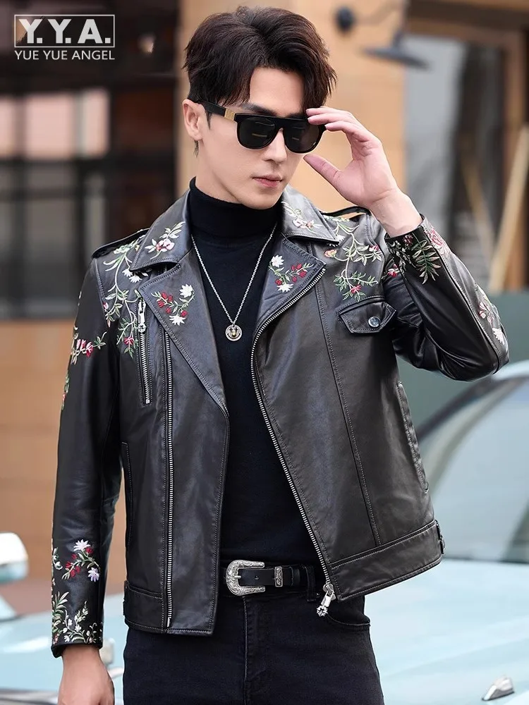 Fashion Mens Floral Embroidery Real Goatskin Punk Stage Show Jacket Slim Fit Genuine Leather Jackets New Motorcycle Biker Coat