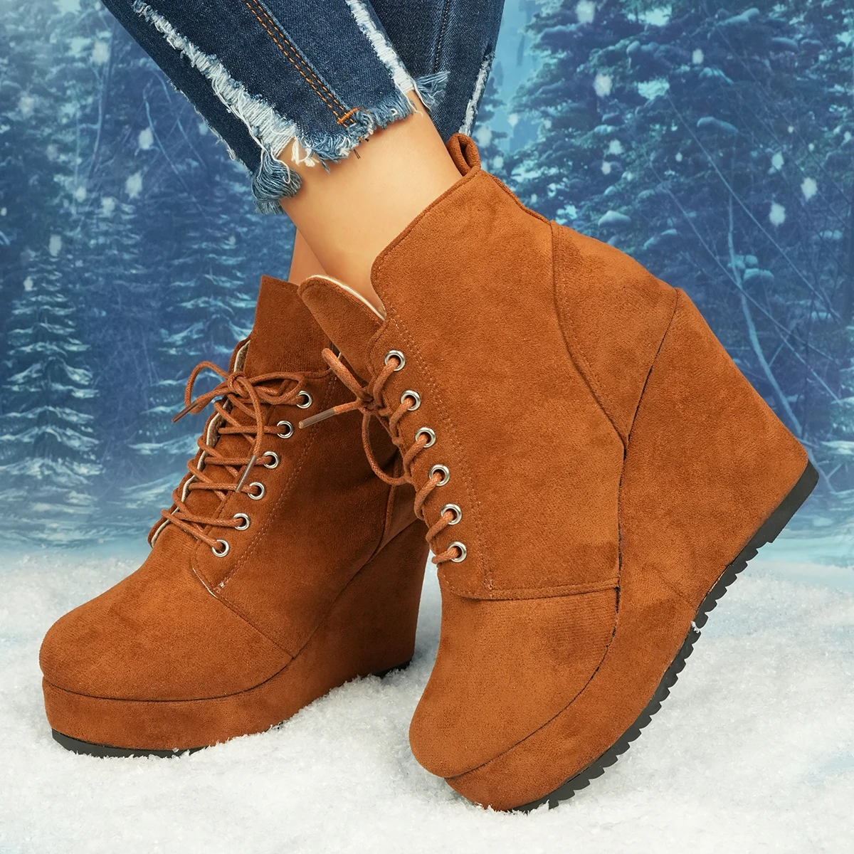 

Autumn New Women Wedge Heel Boots Winter Platform Round Toe Suede Shoes Lace-up Non-slip Wear-resistant High Heel Ankle Boots