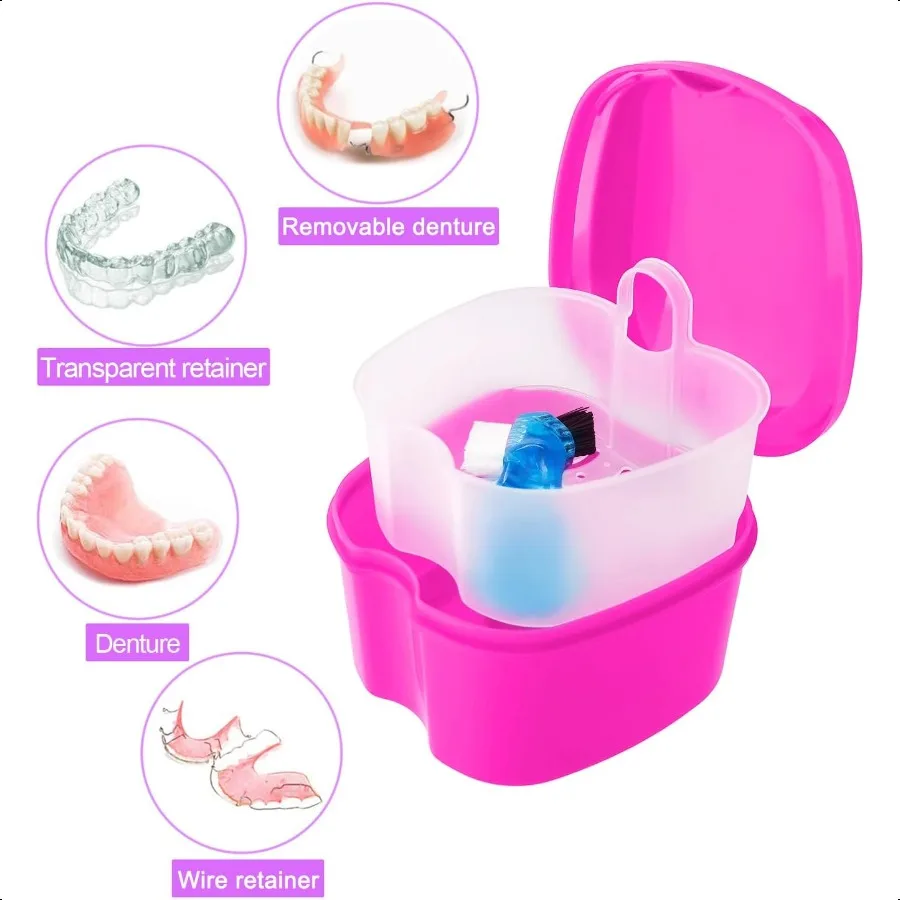 2 Pack Denture Bath Box Cup Retainer Cleaner Case with Strainer Basket Mouth Guard Cleaning Case Denture Storage Soaking Holder