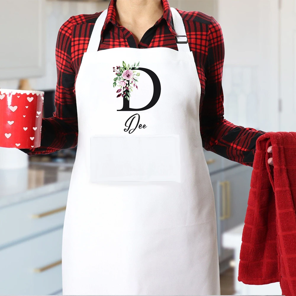 Personalized Kitchen Aprons Floral Initial W/Name Customized Women Cooking Apron W/Pockets Custom Chef White Gifts for Baking