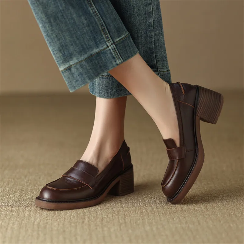 2023 Spring Genuine Leather Slip-On Women Shoes Casual Loafers Round Toe Simple Shoes Chunky Heel Shoes Woman Zapatos De Mujer