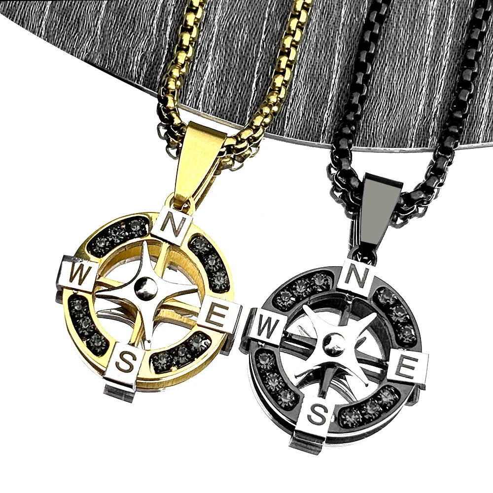 

Hollow Rotatable Compass Pendant Necklace for Women Men Stainless Steel Black Rhinestones Gold Color Star Chain Jewelry Gifts