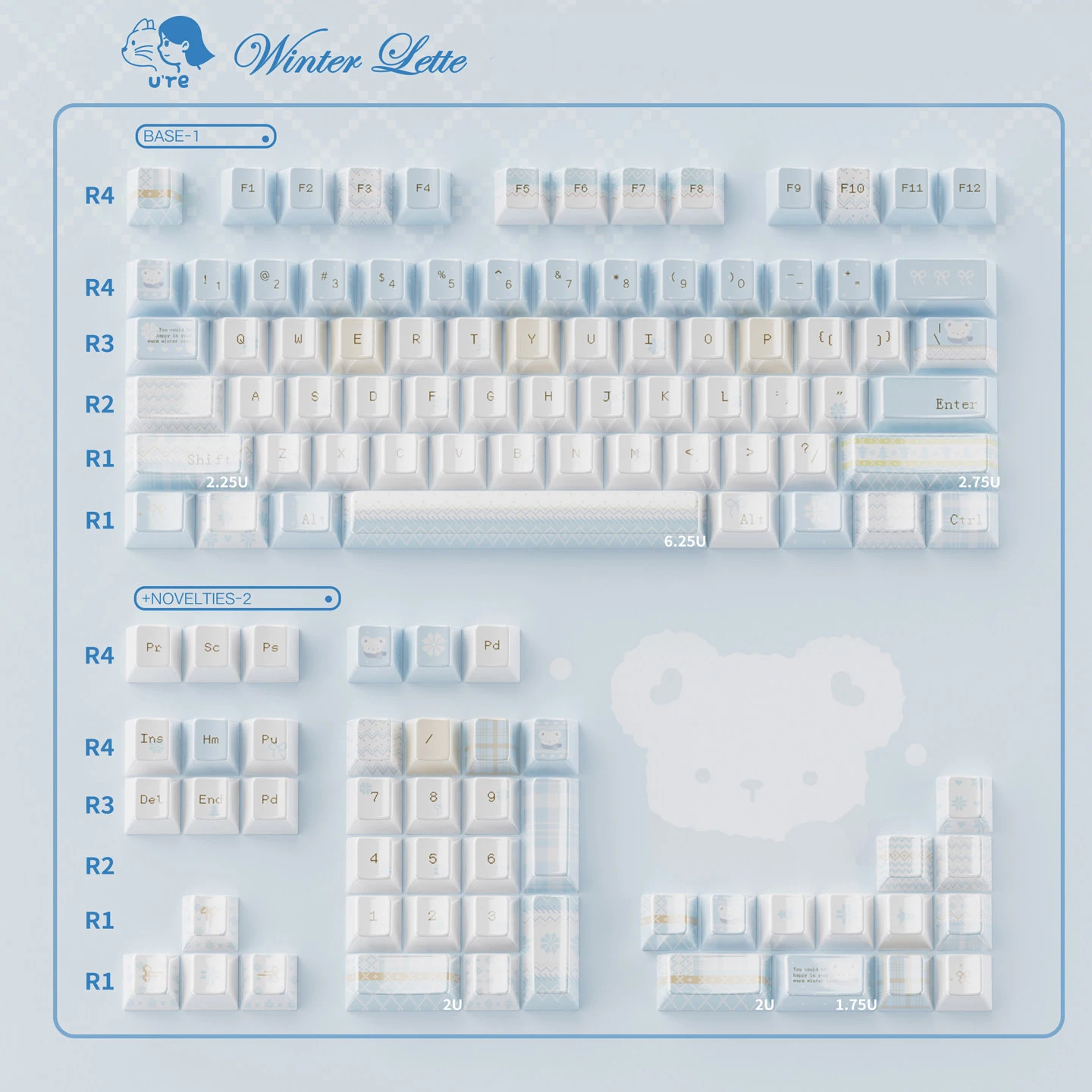 URE Blue Winter Letter Keycaps 120 Keys Cherry Profile Dye-Sublimation Real Ceramic Keycaps For MX Mechanical Keyboard