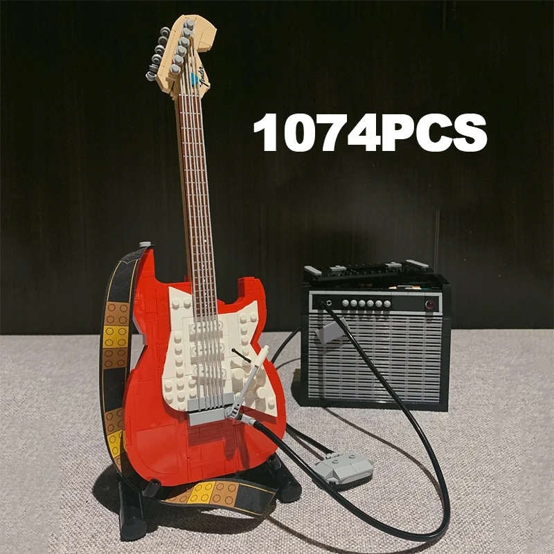 

1074 шт., креативные черные или красные 1970-е годы, Fender Stratocaster, гитарные строительные блоки, сборные кирпичи, игрушки, подарки для детей, мальчиков и взрослых