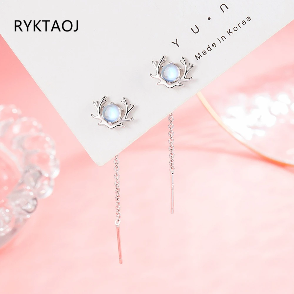 925 Sterling Silver Deer Antler Moonstone Threader Earrings for Women Long Chain Drop Earrings Elegant Party Fine Jewelry Gift