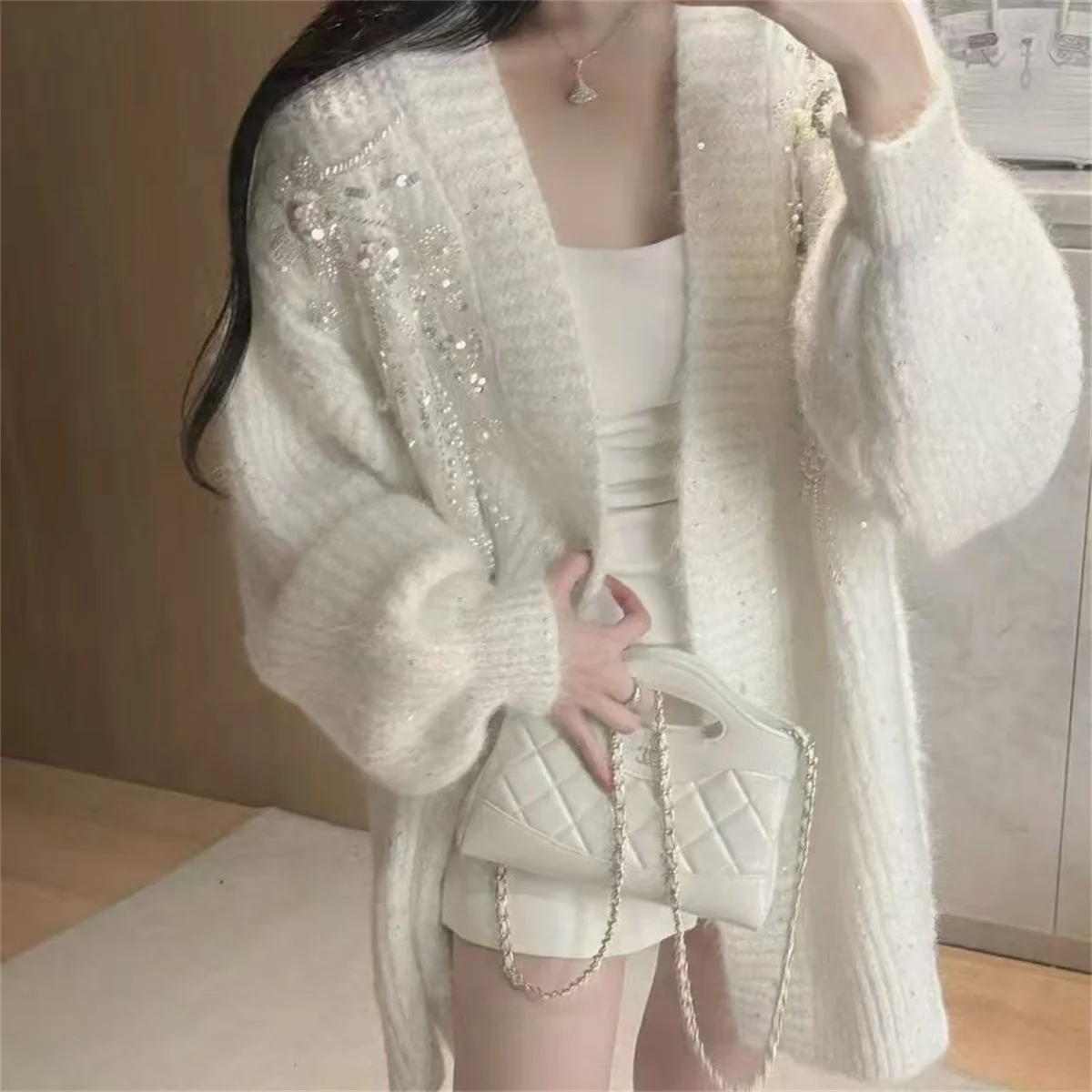 

Корейский модный осенне-зимний теплый утепленный вязаный кардиган для женщин, стильный повседневный трикотаж с бисером, свитер с длинными рукавами, топы