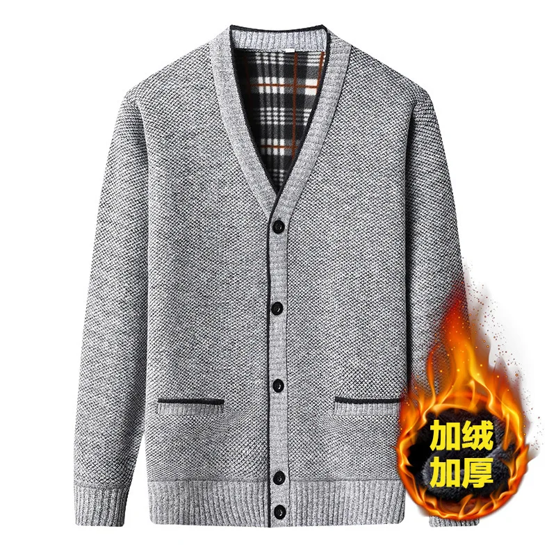 Autumn Winter Men's Plush Thicken Warm Knitted Button Cardigan Sweater