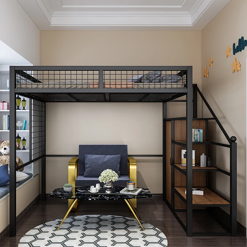 

Upper and Lower Empty Single Apartment Iron Bunk Bed Multi-Functional Elevated Bed Wardrobe Small Apartment