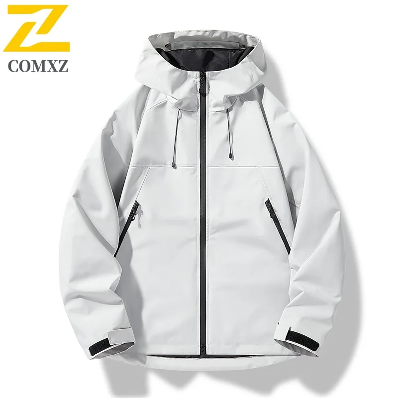 COMXZ Men Hooded Jacket Outdoor Windproof Waterproof Adventure Cycling Hunting Camping Jackets Solid Color Handsome Autumn Coat