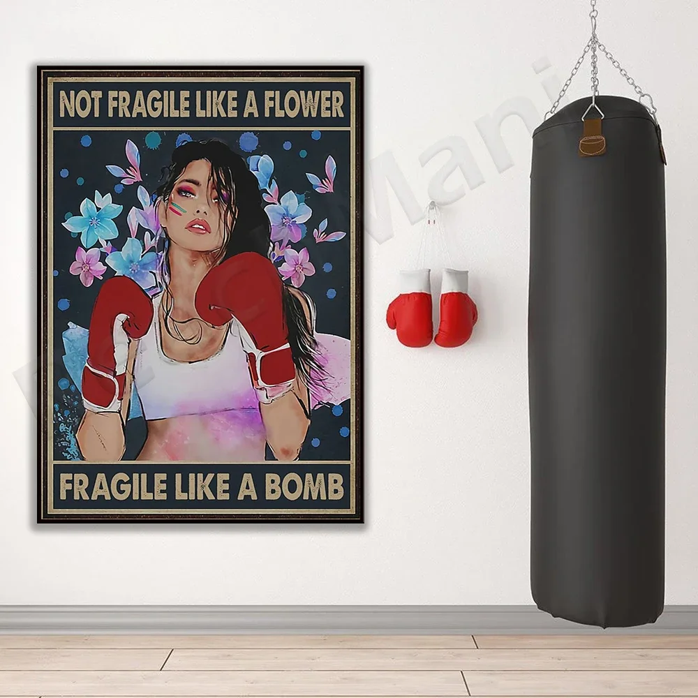 Fragile like a bomb. Boxing girl vertical poster, boxing gloves sport gym art, boxing female motivational muscle art print