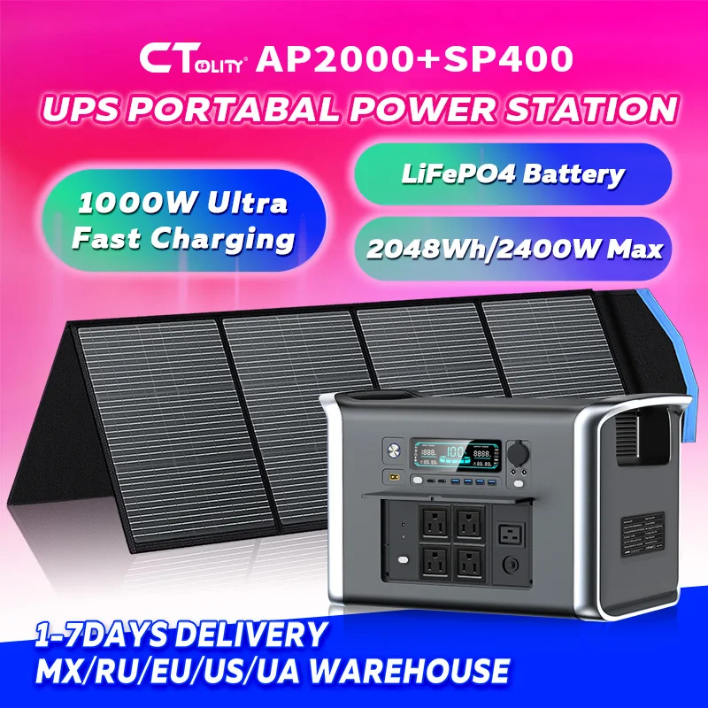 

CTOLITY Ctolity 2600W 2048WH Portable Power Station SP400 400W 41V Flexible Solar Panel Camping Lifepo4 Battery Solar Power Supp
