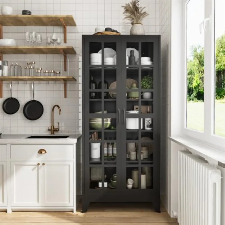 71 Metal Pantry Cabinet with Glass Doors for Living Room, Steel, Black, Adjustable Shelves and Soft-Close Doors view 3