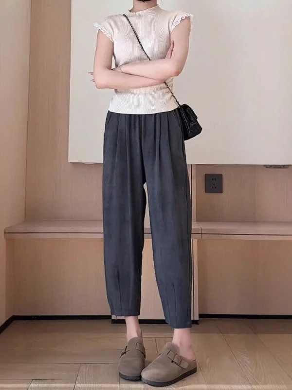Gray Harlan Casual Pants Women's Summer Thin Loose plus Size Slimming Drapey Quick Dry Nine Point Pants High Waist Harem Pants