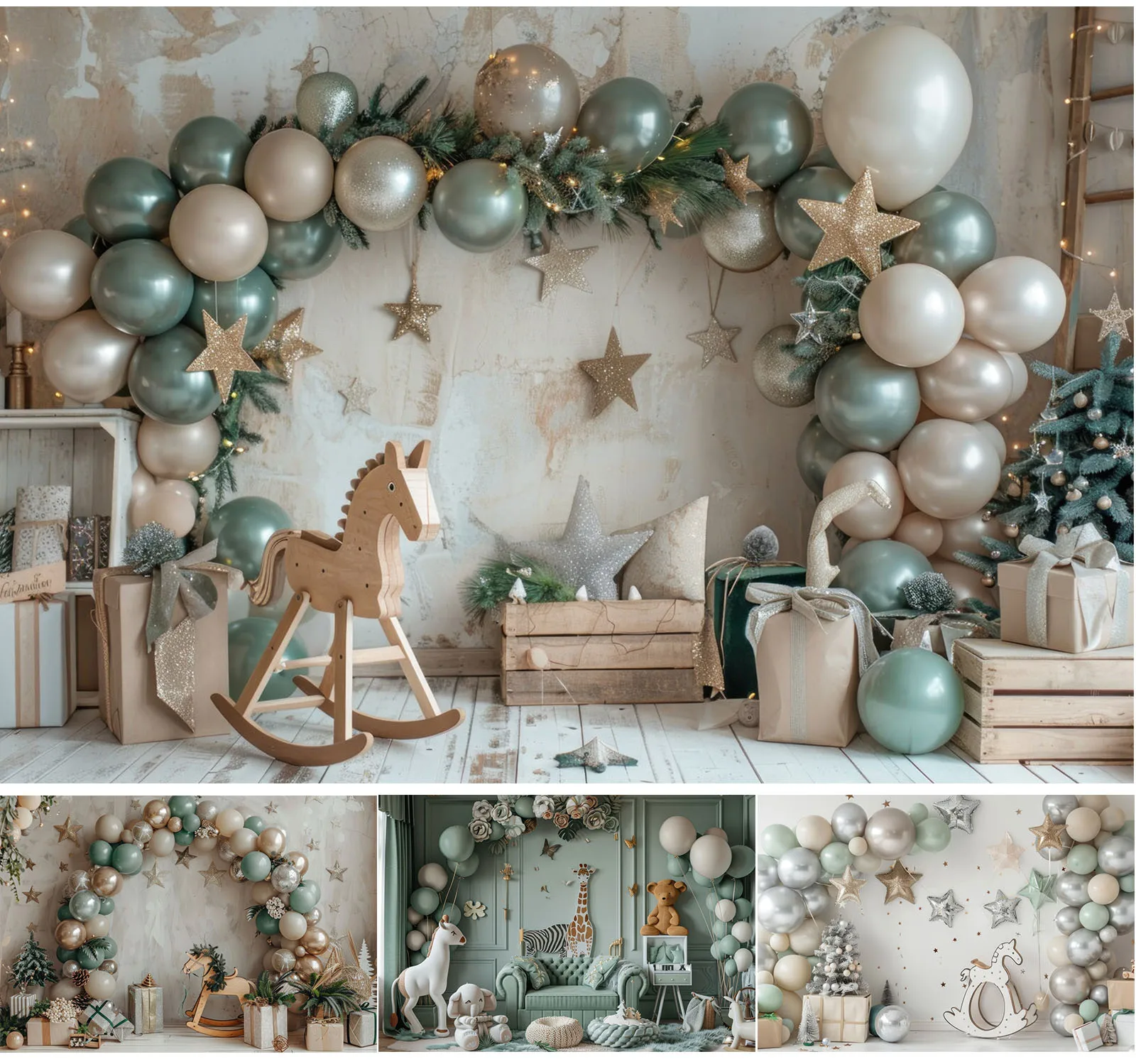 Fondo de fotografía de globos, caja de regalo de caballo de madera, decoración de fiesta de cumpleaños para niños, Baby Shower, pastel, zona de retrato, fondo