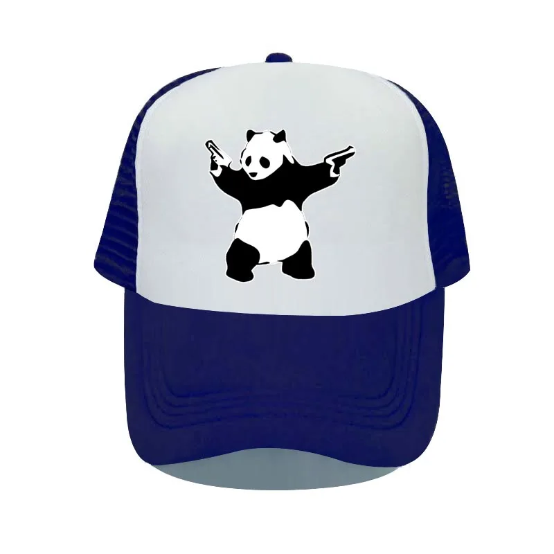 Banksy Panda With Guns Men Women Mesh Trucker Hat Aniaml Panda Holding Guns Mit Waffen Snapback Cap Shoot Fighting Sun Hat YP051