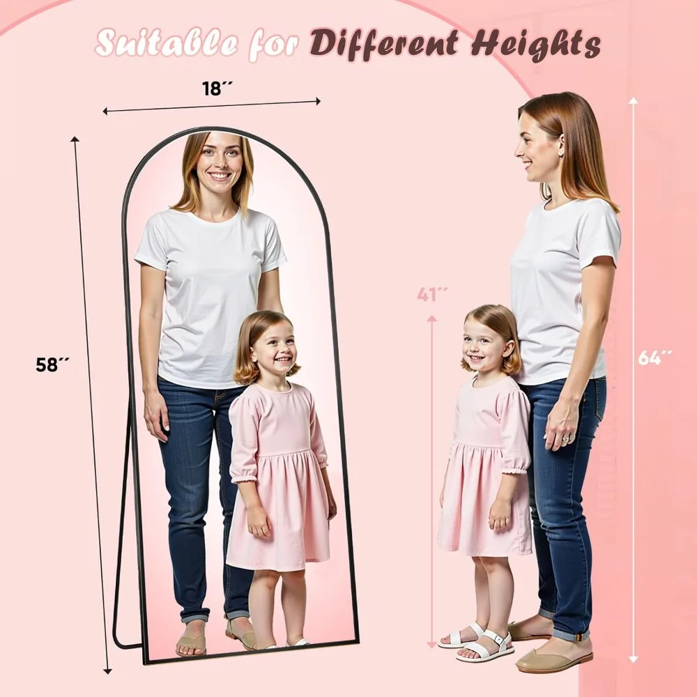 Grote gebogen vloerstaande spiegel, 58 x 18 inch, zwart, ideaal voor het bekijken van het hele lichaam in slaapkamers, badkamers en woonkamers