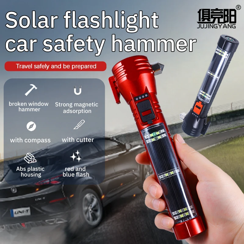 Car flashlight multifunctional self-charging escape strong light with magnet rescue car special solar emergency light