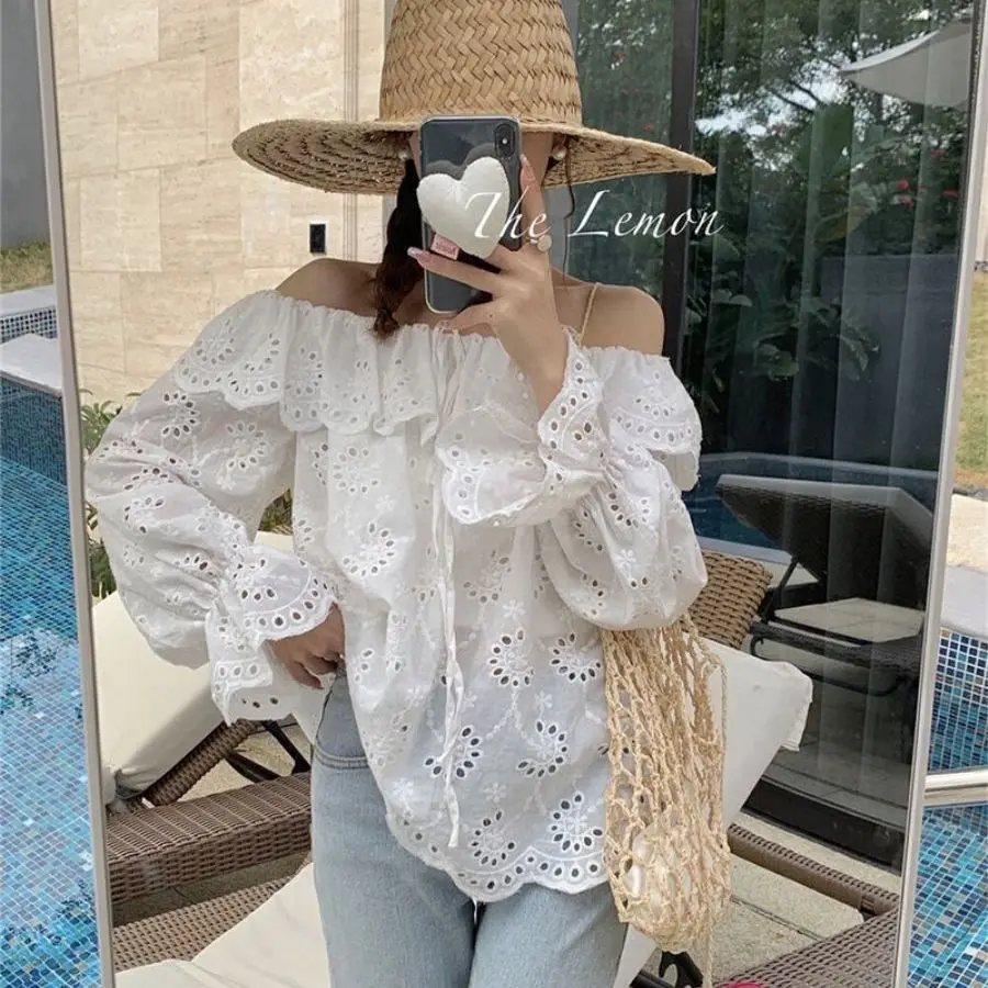 Lotus Leaf Shoulder Water-soluble Embroidery Women Blouse 2025 Summer Korean Chic Lace Trumpet Sleeve Loose Doll Shirt Tops