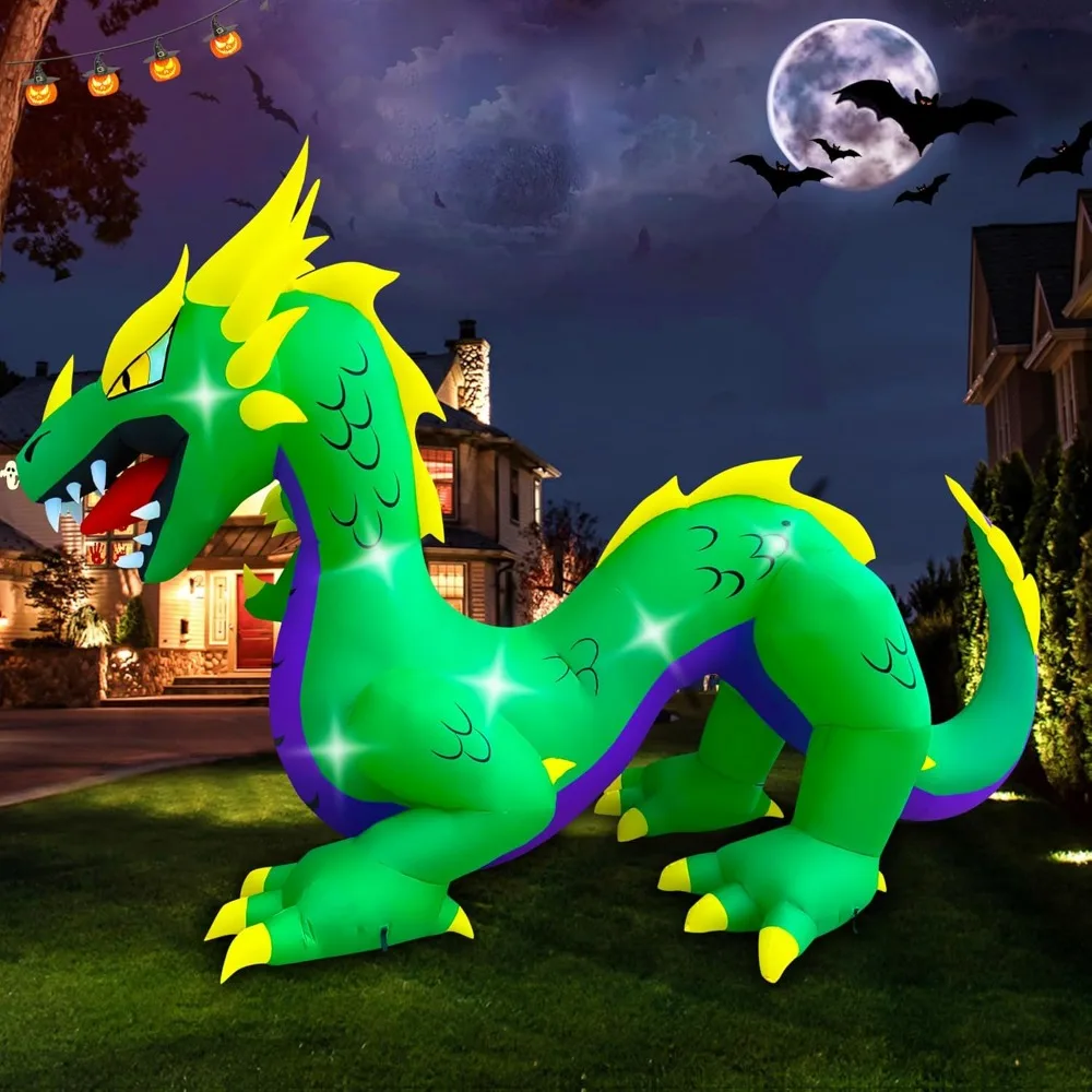 15 Ft Long Halloween Inflatable Serpent Dragon Decoration,LED Light Up Giant Blow Up Dragon for Halloween Decor