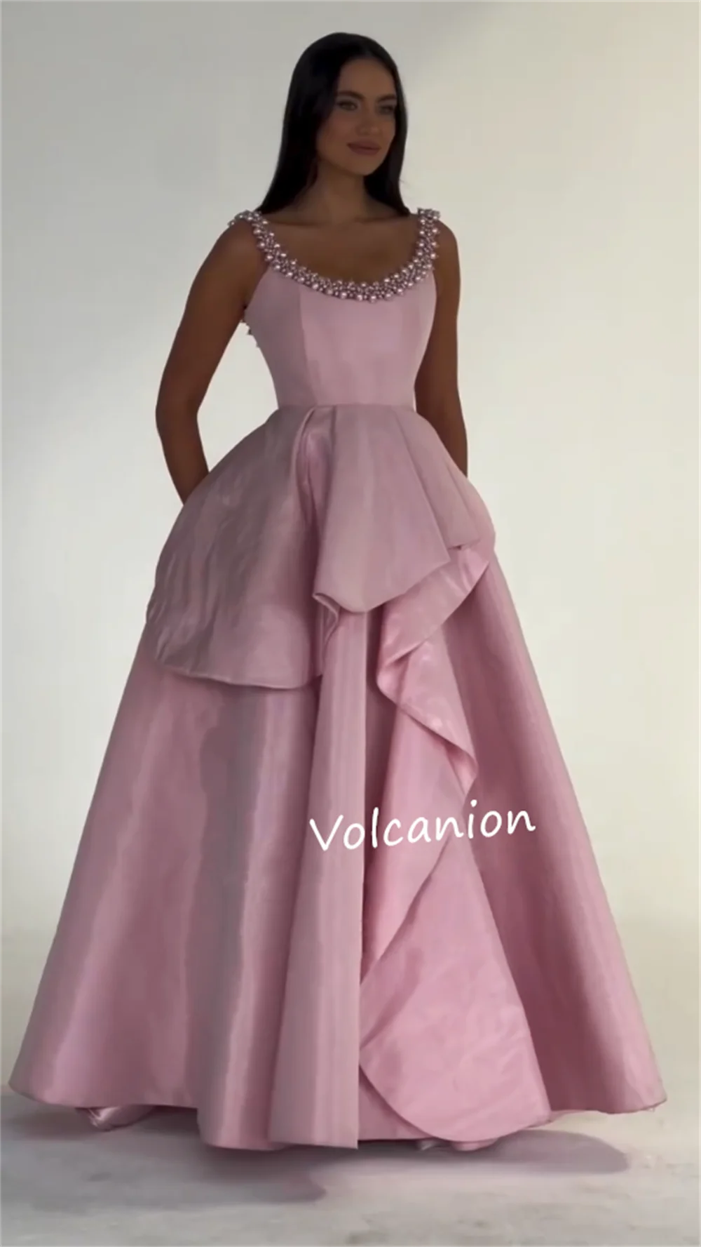 Vestidos largos de noche formales personalizados, Charmeuse con cuentas, fruncido, corte en A, cuello redondo, ocasión a medida, exquisito, alta calidad