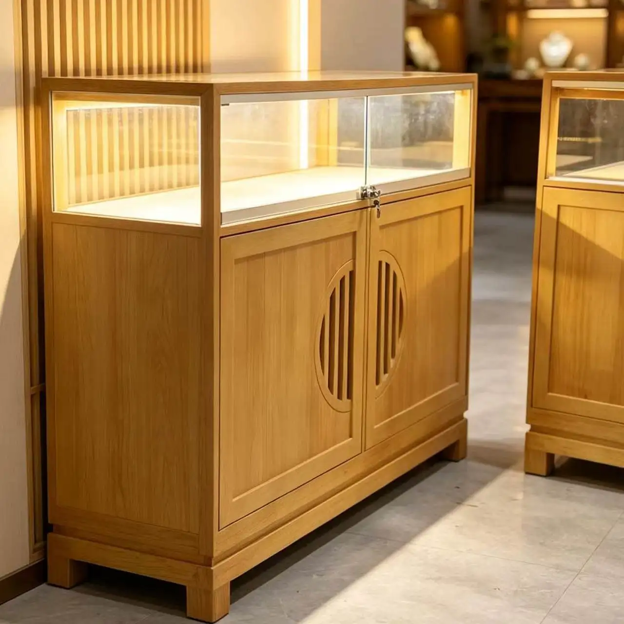 For Vintage Solid Wood Showcase for Jewelry & Antiques, Glass Display Counter for Jade & Silver, Museum Stand