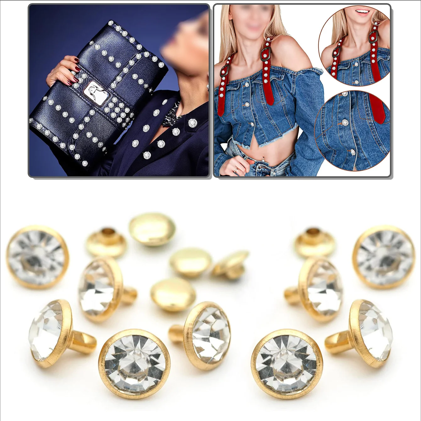 Copper Based with Clear Rhinestone Rivets Steampunk Funky Crystal Rivets Punk Rock DIY Accessories for Purse, Clothing, Weddings