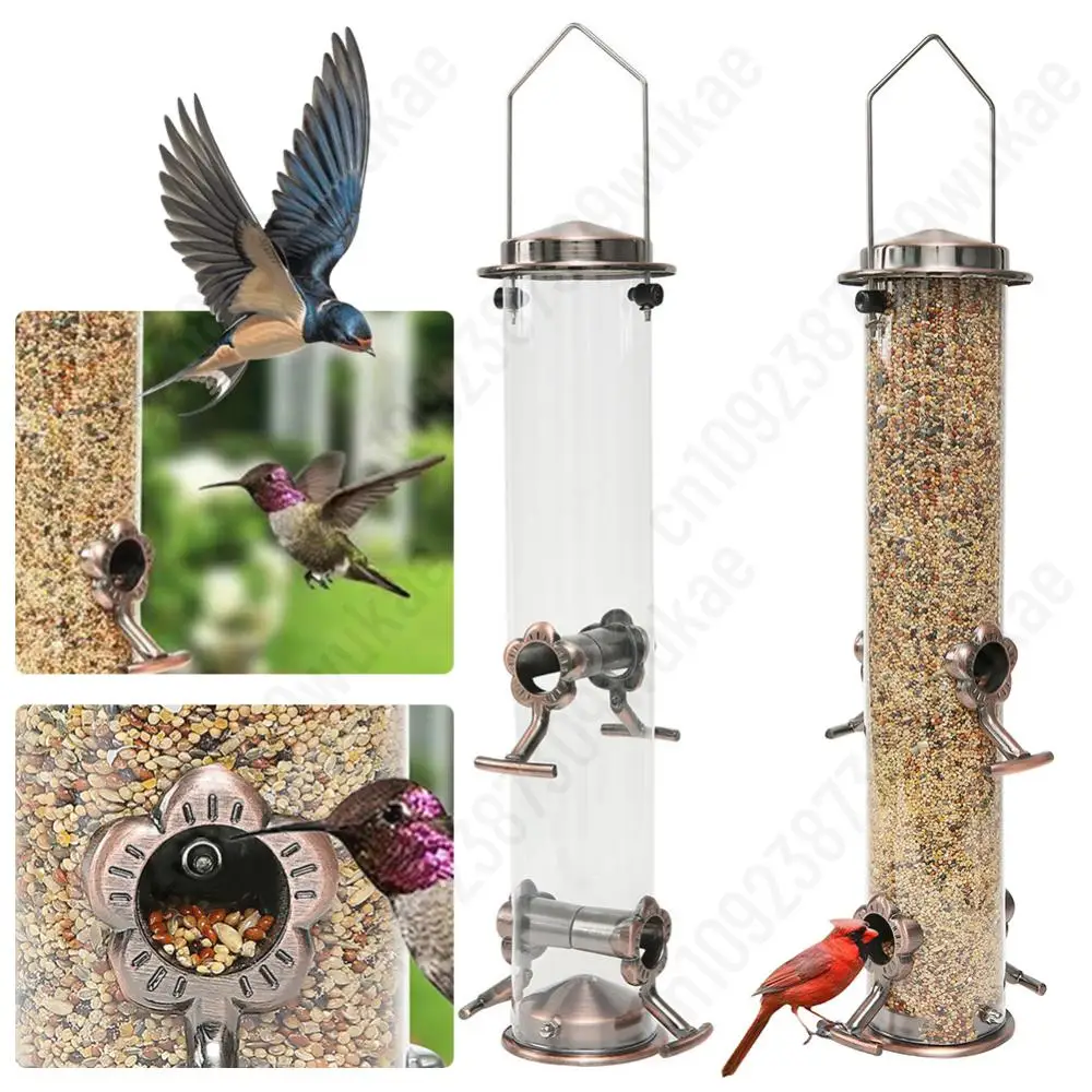 Wild Bird Feeder with 4 Feeding Ports Tube Shape Bird Feeder Weather Resistant Wild Bird Hanging Feeder For Courtyard Lawn Birds