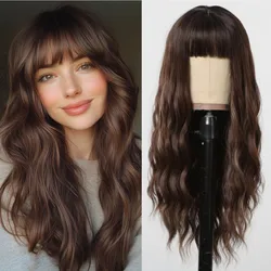 ALAN EATON Brown Loose Wavy Synthetic Wigs for Women Long Ombre Curly Hair Brown Wig with Bangs Natural Looking High Temperature