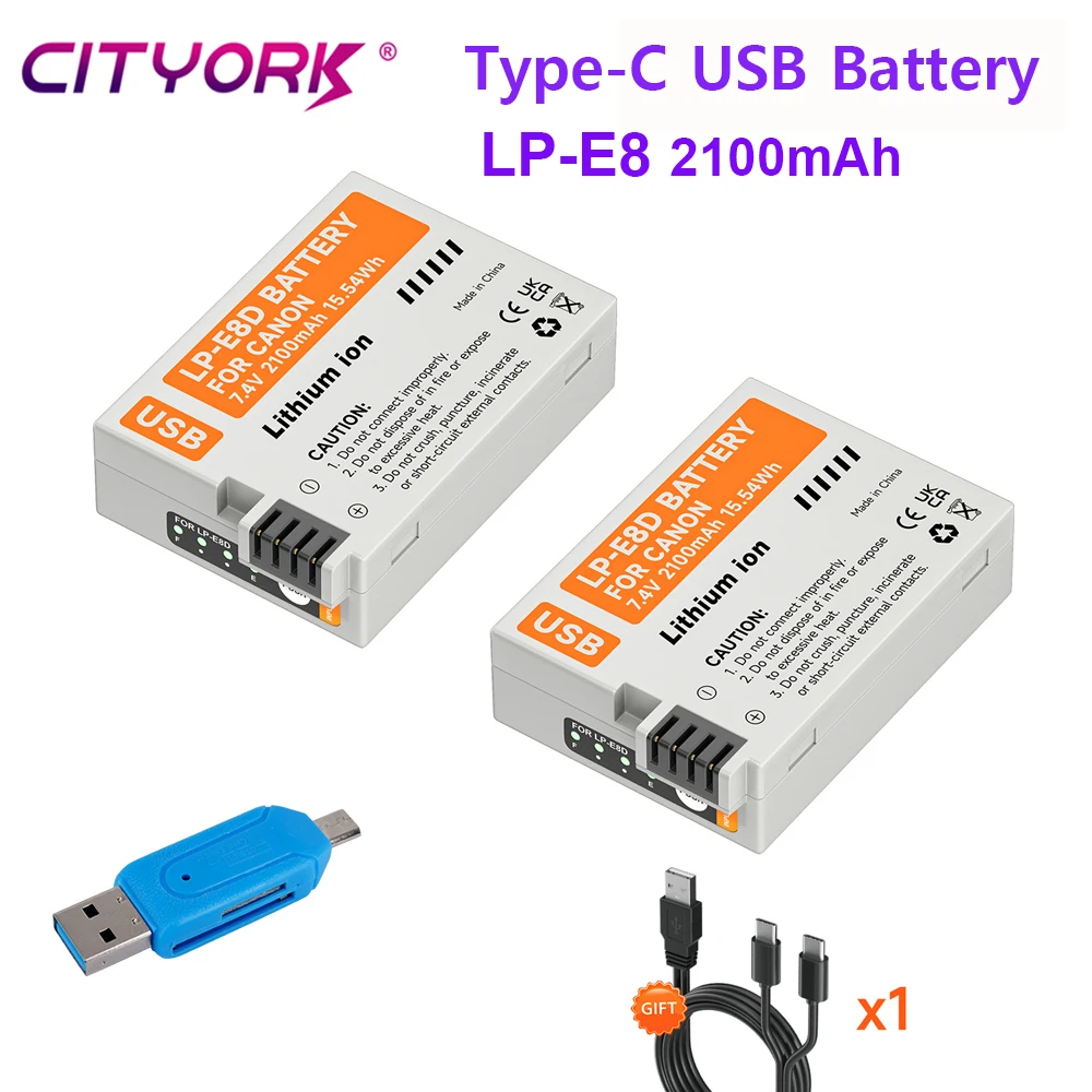 2100mAh LP-E8 LP E8 LPE8 Battery With Type C USB Input For Canon EOS Rebel T3i T2i T4i T5i 600D 550D 650D 700D Kiss X4 X5 X6 X7