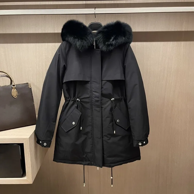 

Women's Clothing Large fur collar waist drawstring hooded down jacket Winter New NO.3