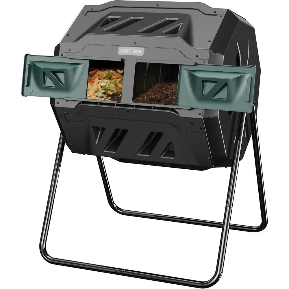 43-Gallon Dual-Chamber Outdoor Compost Tumbler with Sliding Doors and Aeration System for Kitchen, Garden, and Yard