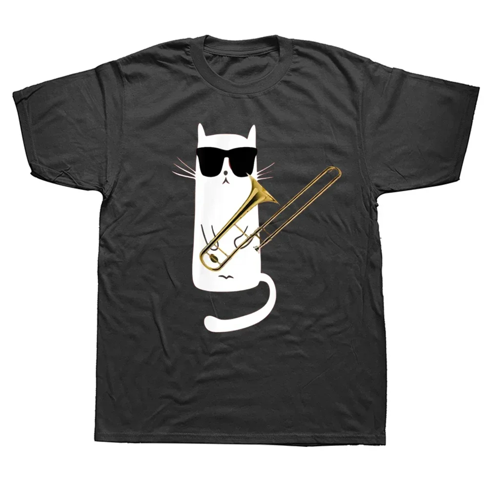 

Graphic Cotton Streetwear Short Sleeve Birthday Gifts Summer Style Funny Neck Collar Cat Wearing Sunglasses Trombone T-Shirt