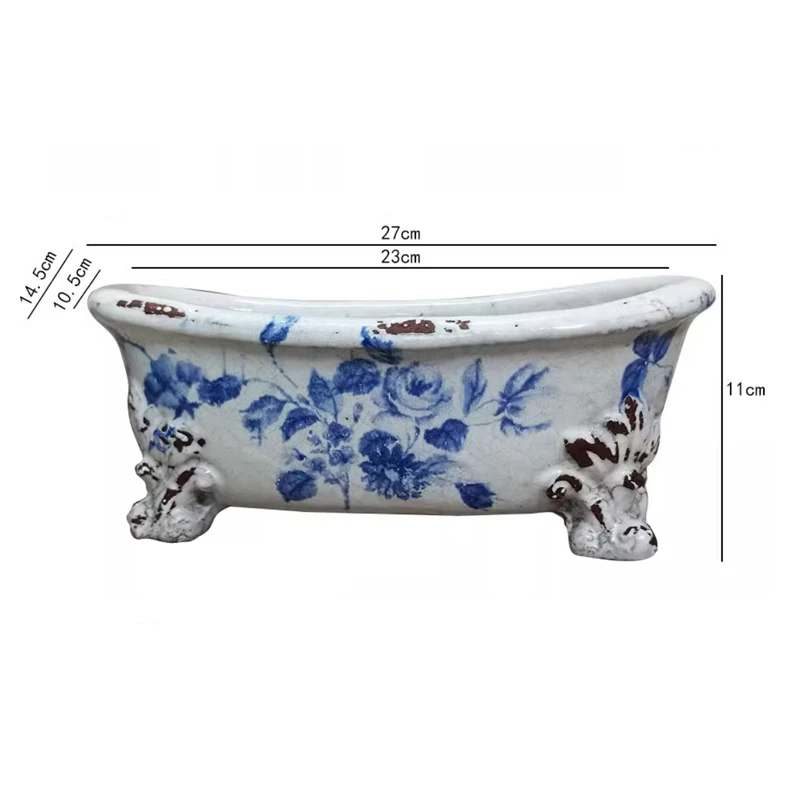 European style aged white glazed blue and white porcelain bathtub creative pottery flower pot breathable