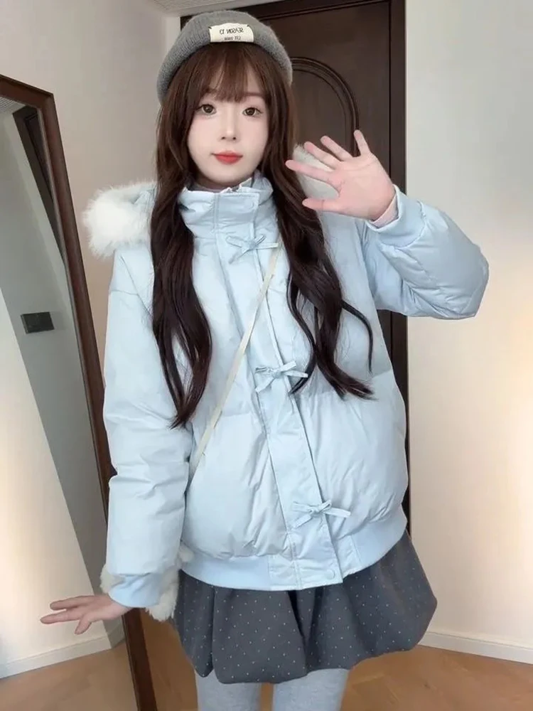 

Милые зимние парки с капюшоном в консервативном стиле, женские толстые теплые милые пышные пальто с меховым воротником и бантом, студенческая свободная повседневная универсальная верхняя одежда на молнии