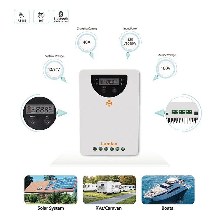 Lumiax CE 12V 24V 20a 30a 40a off grid solar system bluetooth lifepo4 mppt solar charger controller regulator