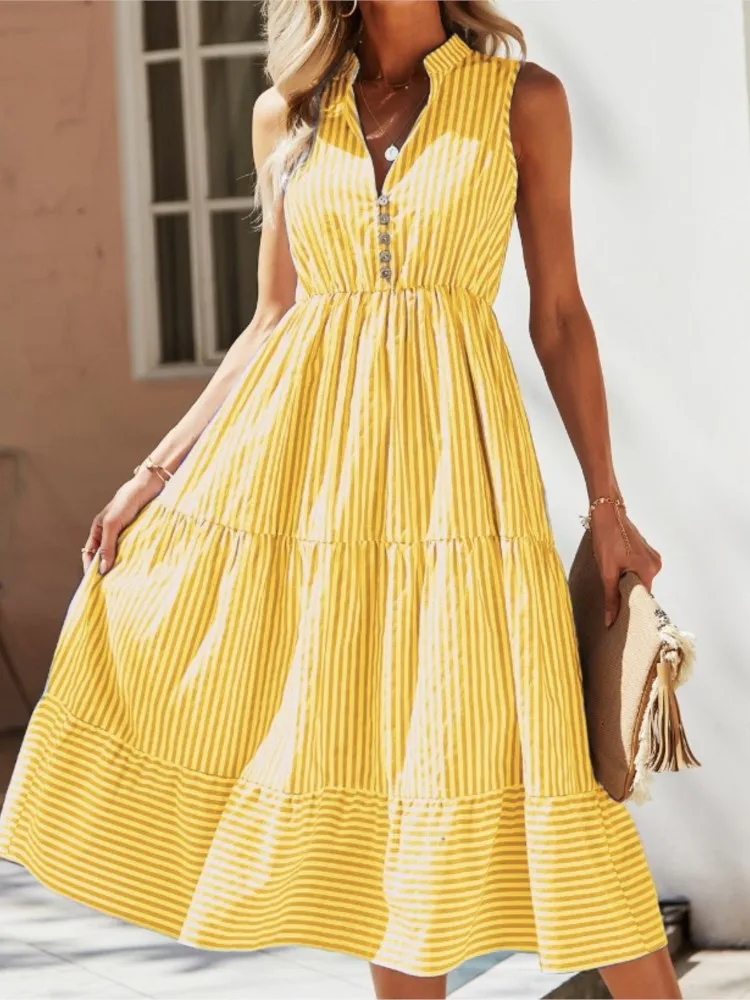 فستان قميص مخطط جديد للصيف للنساء بدون أكمام ورقبة على شكل حرف v فساتين طويلة أزرار غير رسمية على شكل حرف a فساتين عطلة الشاطئ ملابس نسائية