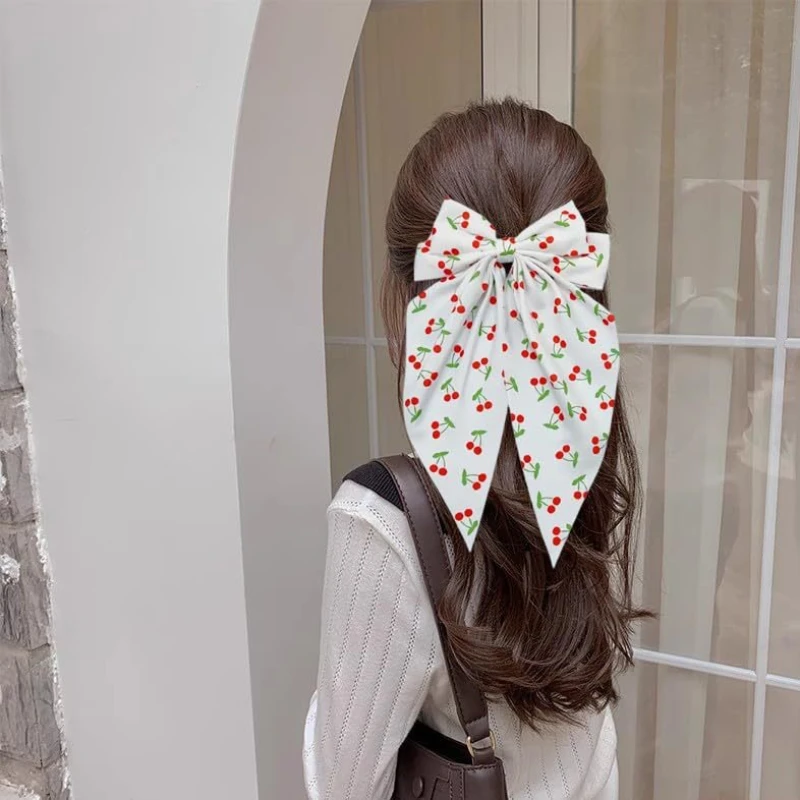 チェリープリント春のヘアクリップ二層生地の弓ポニーテールクリップ女性ガールズ甘いエレガントな休暇のヘアクリップアクセサリー