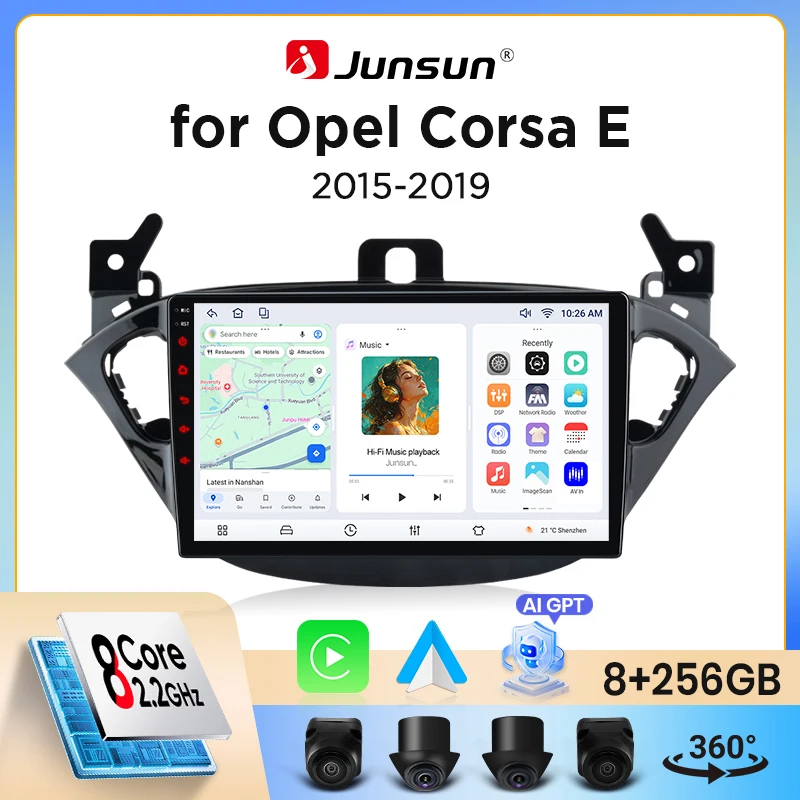 Autoradio sans fil Junsun CarPlay Android Auto pour Opel Corsa E 2014-2019, ventilateur de refroidissement intégré, navigation GPS Android, lecteur multimédia, WiFi, DSP, RDS, BT, SWC, écran tactile