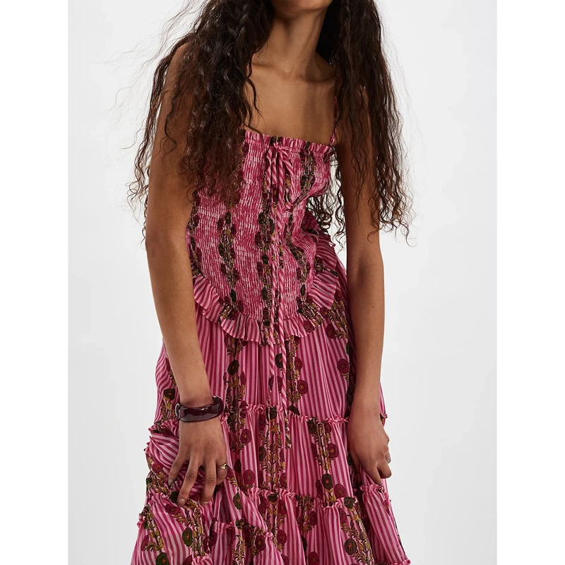 Combhasaki ผู้หญิงดอกไม้พิมพ์ Smocked Corset Tie-up สแควร์คอสปาเก็ตตี้สายรัด Backless Tiered Ruffled A-Line Midi Cami ชุด