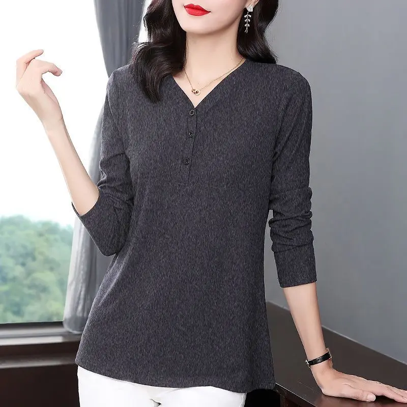 Women Korean Fashion V Neck Long Sleeve Button Basic T-shirt 2024 Spring Autumn Casual Solid Loose Pullover Tops Ropa De Mujer