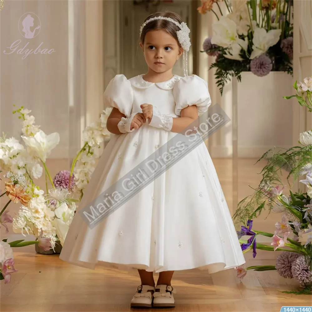 Vestido de satén blanco con solapa de Peter para niña, vestido de cumpleaños para boda, primera comunión, fiesta personalizada, trajes de dama de honor, regreso a casa