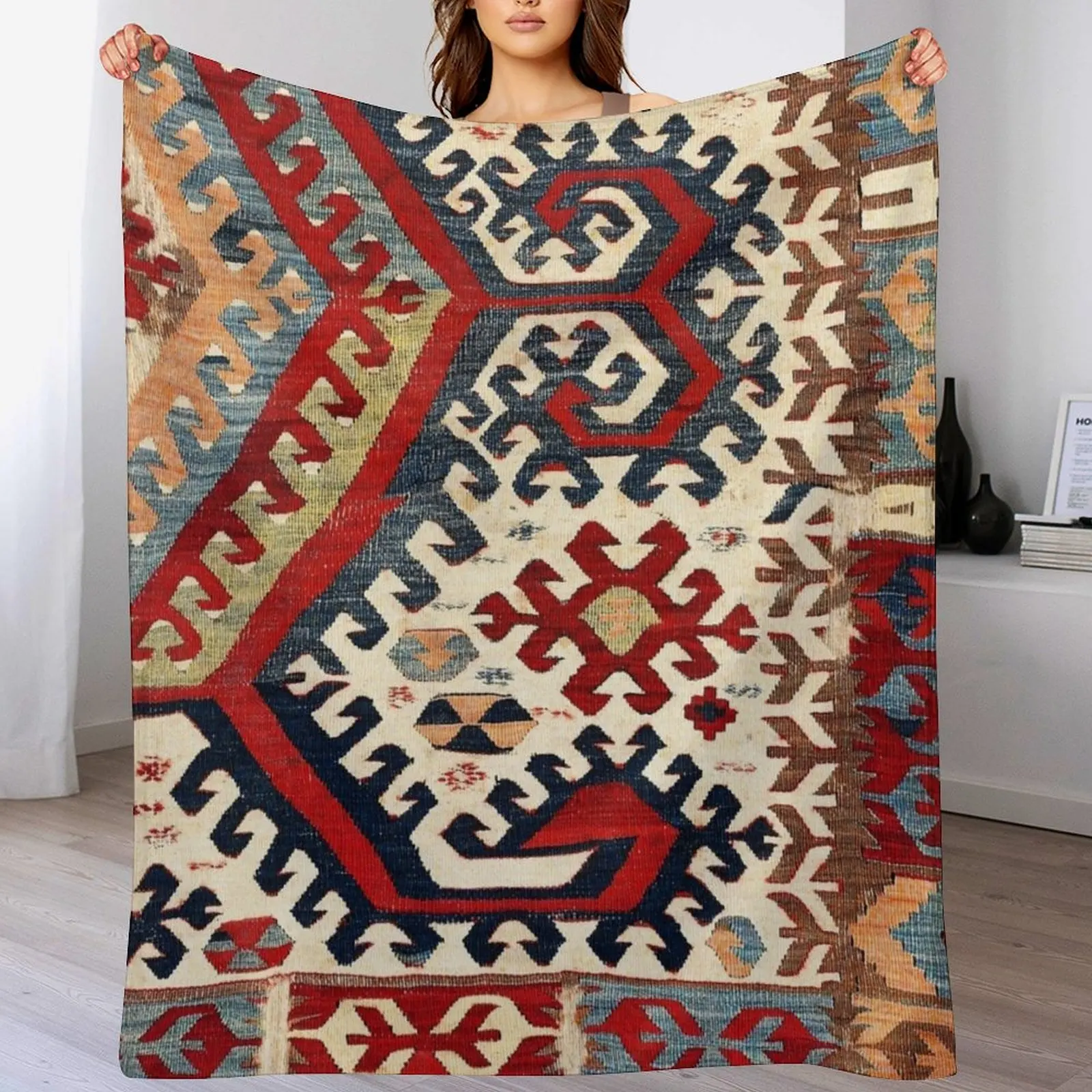 

HotamisAntique Konya Turkish Kilim Print Throw Blanket Cute Plaid Luxury Blankets