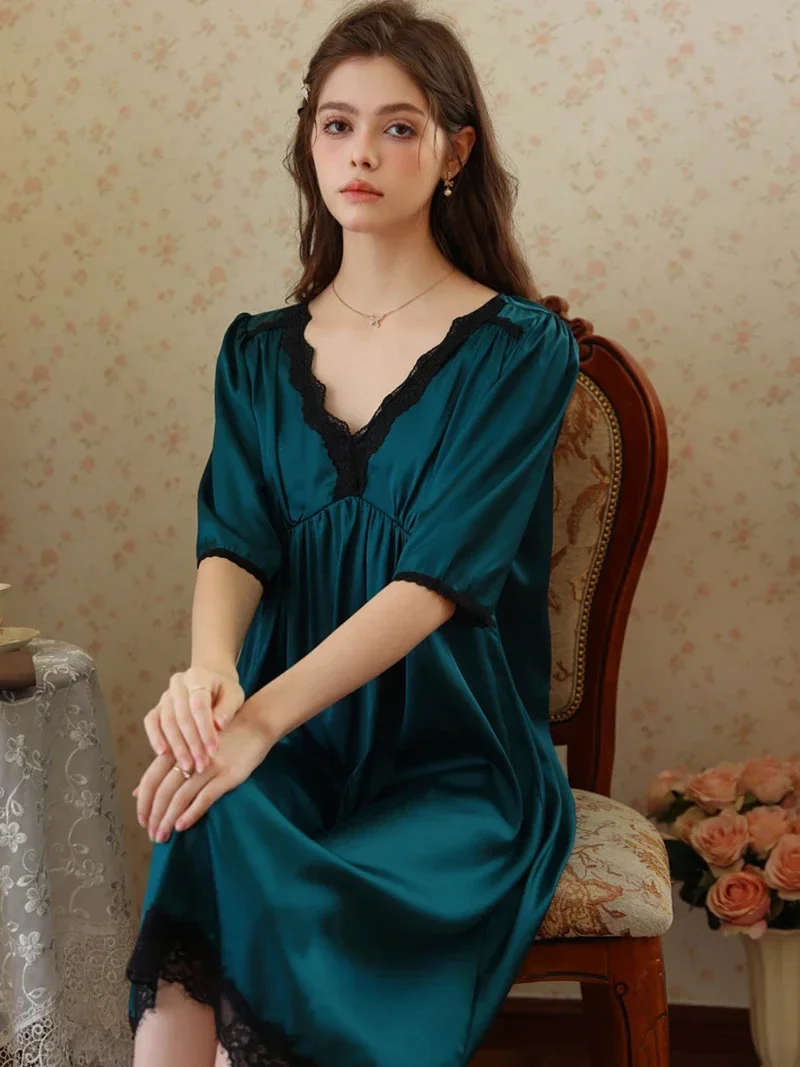 

Women Victorian Nightgowns Silk Sleeping Night Dress Short Sleeve Summer French Vintage Princess Lace Sweet Home Sleepwear