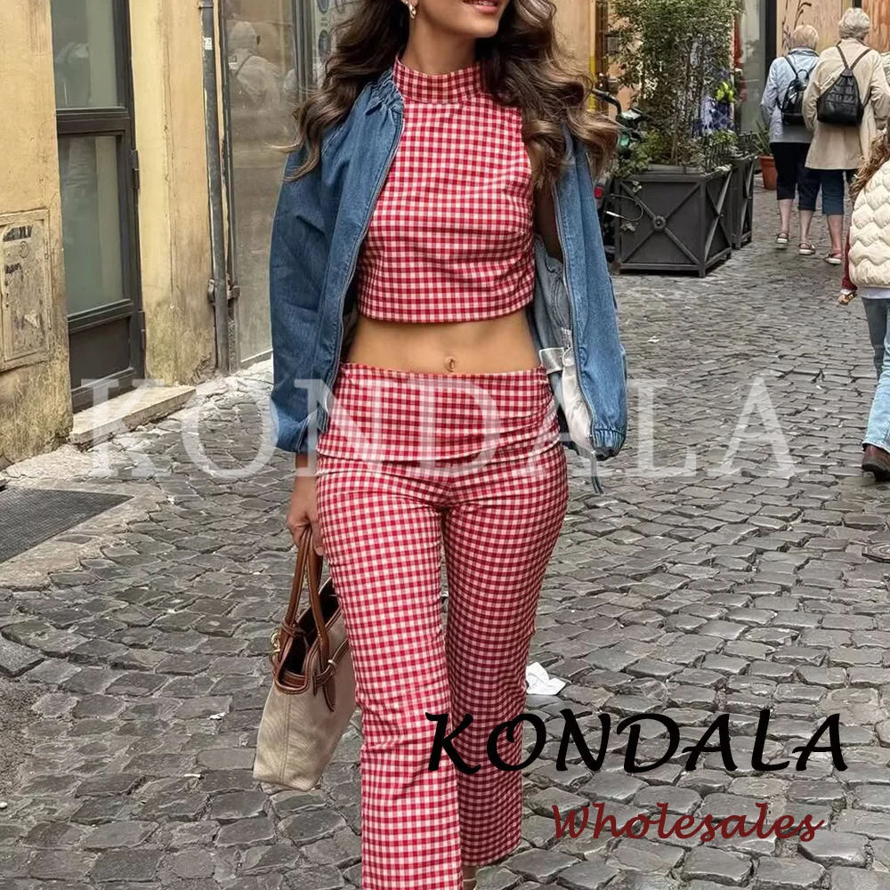KONDALA Chic 2026 Women Red Plaid Y2K Vintage Suit Slim Short Vest+Zipper Long Slim Capri Pants Casual Spring Elegant Female Set view 3