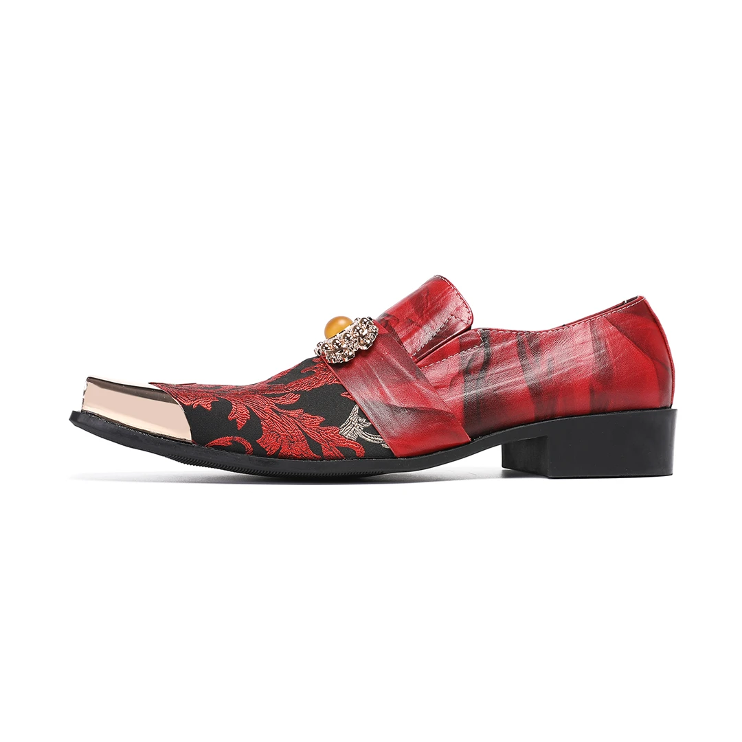 Men's Red Square-Toe Oxford Shoes: New Style Genuine Leather Patchwork Shoes with Large Crystals—Wedding and Formal Shoes