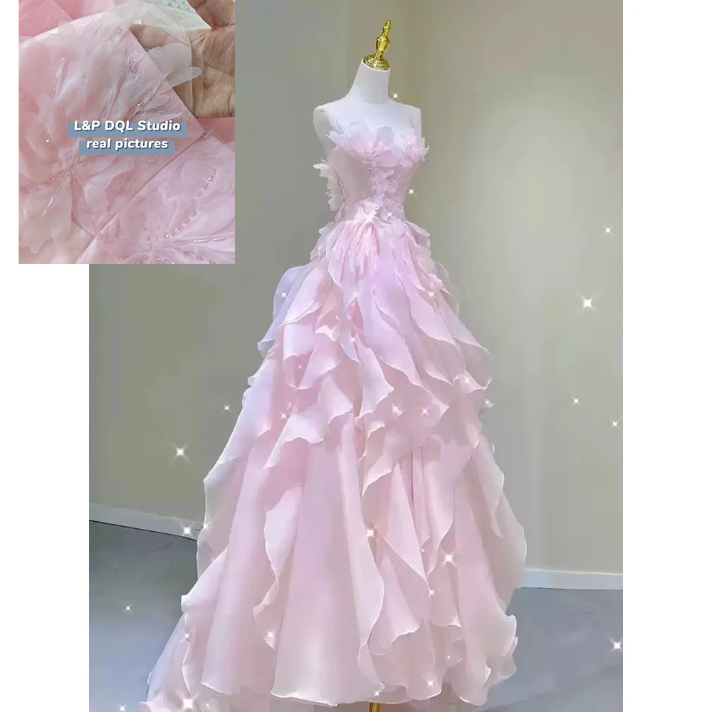 

Fancy Evening Dress Light Blue Prom Dress White, Pink Strapless Zipper/Lace-up Back Chiffon Party Dresses Real Pictures