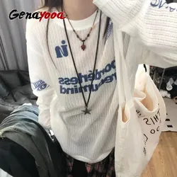 Genayooa Y2k Kpop Women T-shirts Hollow Out Harajuku Print Tee Tops Gyaru Streetwear Long Sleeve Knitted Tops American Retro 90s