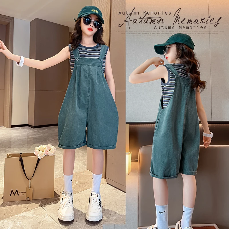 New Summer Kids Child Vintage Blue Denim Overalls Shorts for Teenage Girls Casual Solid Jeans Short Jumpsuit 5 7 9 11 13 14 Y
